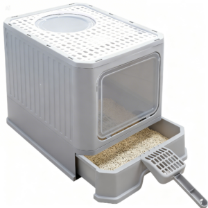 Duża zamykana kuweta dla kota z wysuwaną szufladą, filtrem i łopatką.